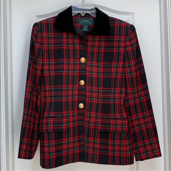 RARE Ralph Lauren Vintage Tartan Plaid Red Black Jacket Gold HW w/Velvet Collar - Picture 4 of 14